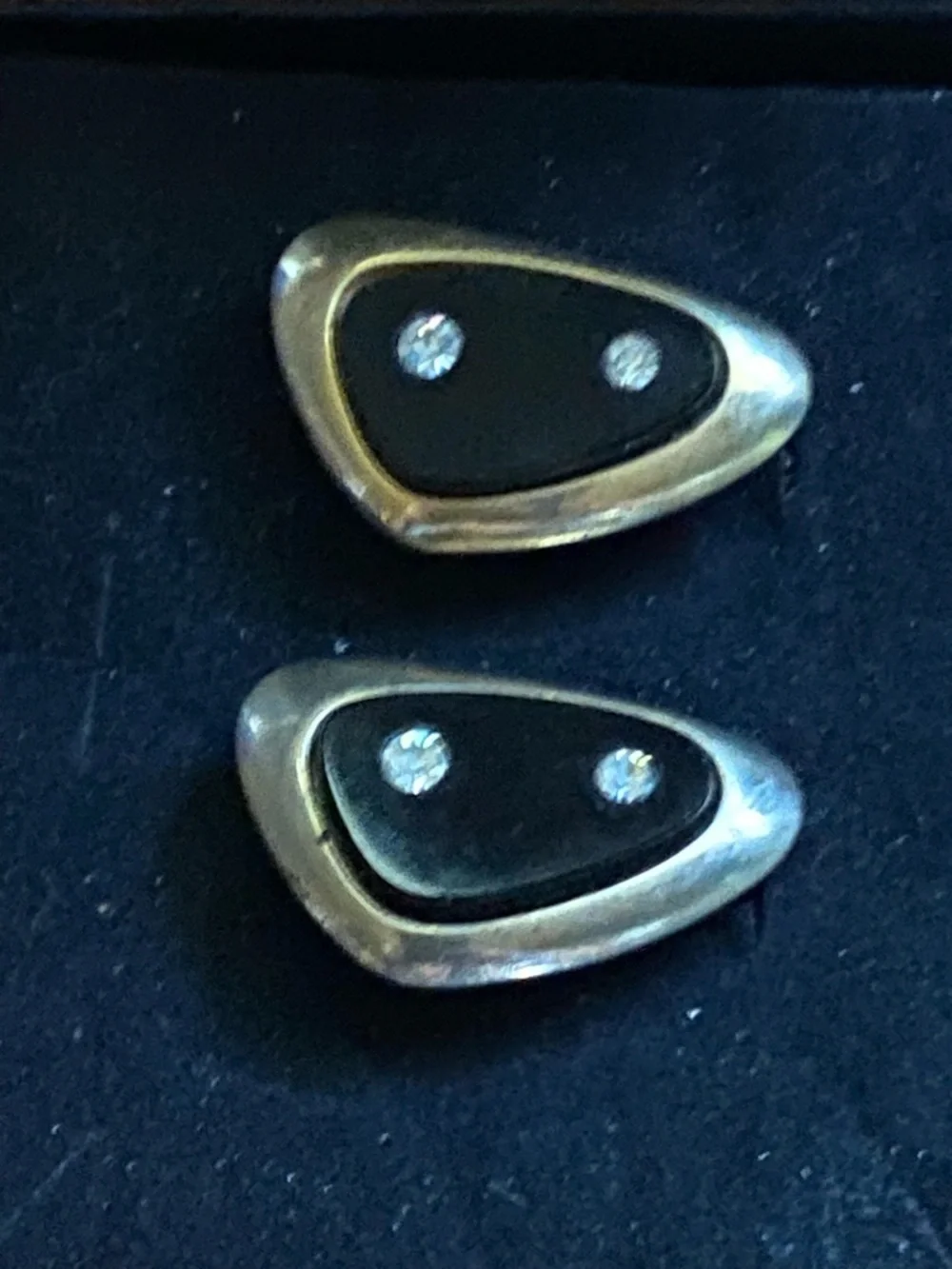 Sarah Coventry Gold Tone Black Enamel Cuff Links Clear Rhinestones “Atomic”
